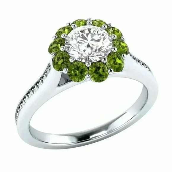 New Beautiful 14k Gold Over Sterling Silver 1ct Diamond Peridot Halo Ring - Picture 1 of 4